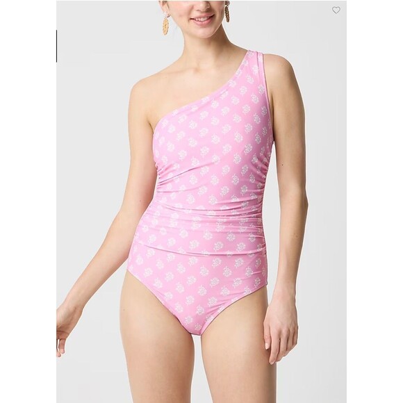 J.CREW Printed Ruched One-Shoulder Swimsuit M Tulip Pink White One Piece NWT B5 - Picture 1 of 6